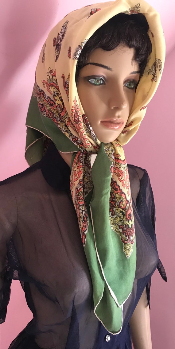 Vintage 50s Green Silk Scarf with Regal Asian Pri… - image 3