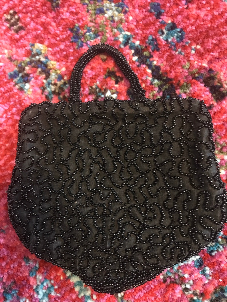 Vintage 1930s Black Beaded Purse. 30s Beaded Purse.Silk Beaded Purse.30s Finger Strap Handbag image 2