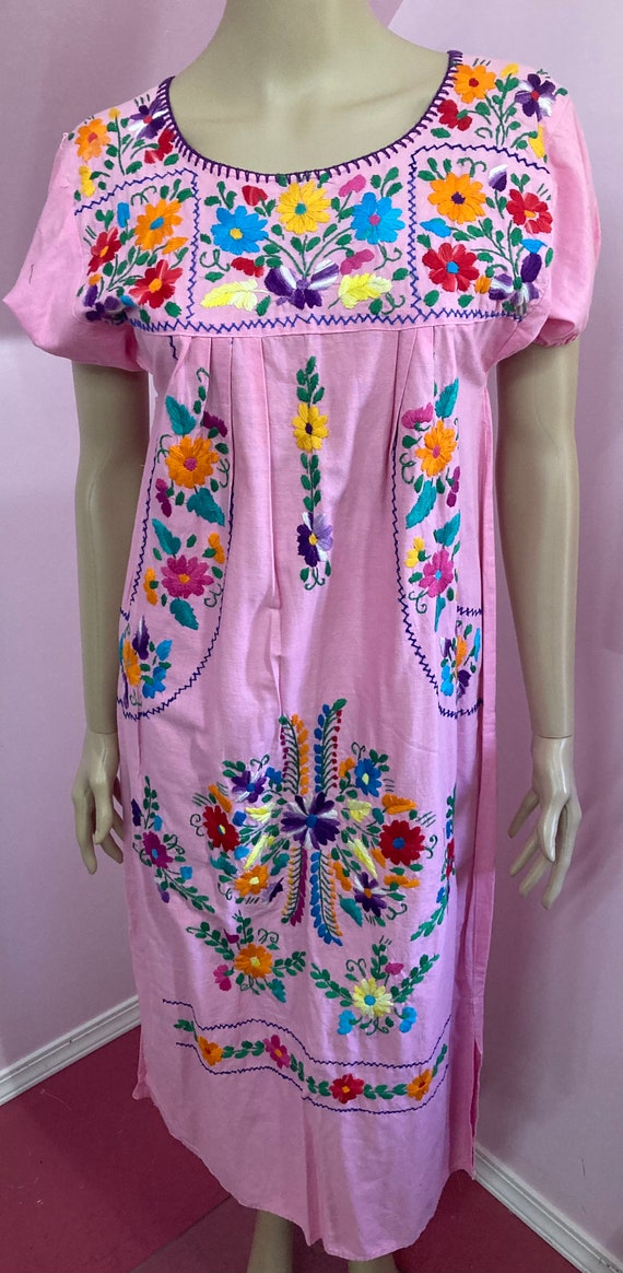 Vintage 70s Pink Cotton Embroidered Mexican Dress. - image 2