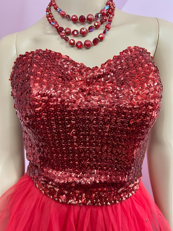 Vintage 50s Red Sequined Bustier & Tulle Shirt Se… - image 2