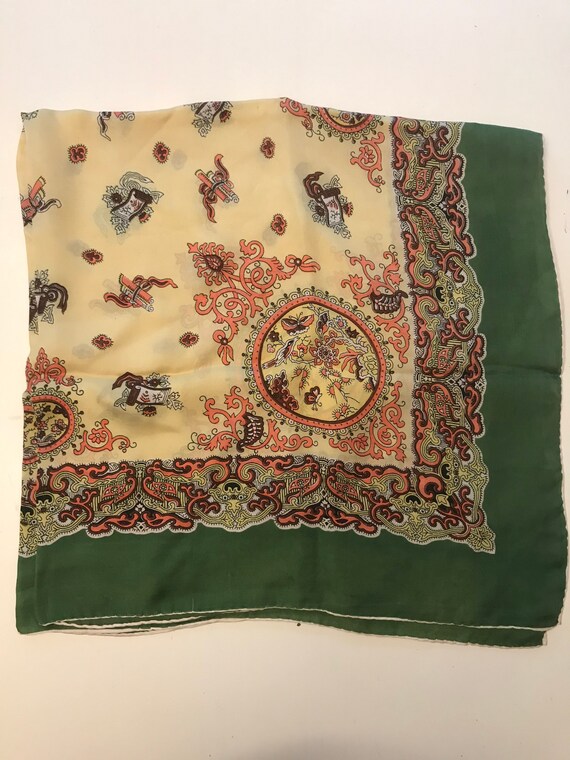 Vintage 50s Green Silk Scarf with Regal Asian Pri… - image 5