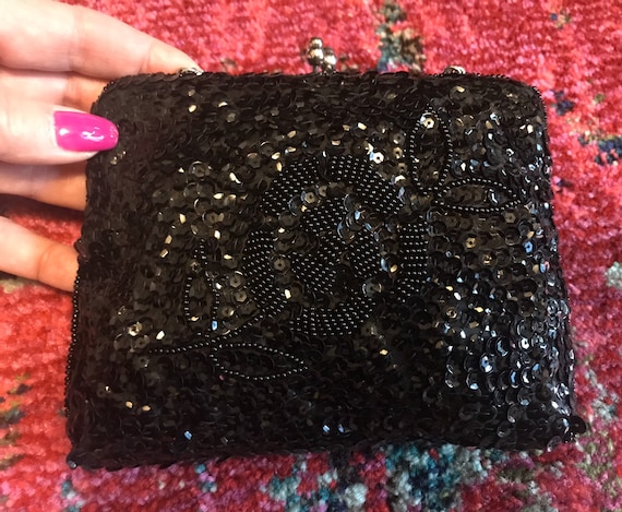 Vintage 50s Black Sequined Beaded Handbag with Cha
