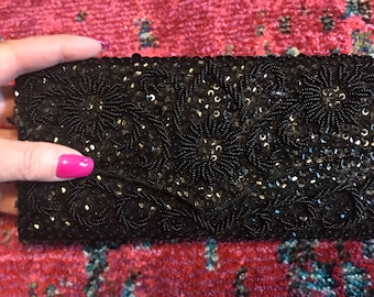 Vintage 1950s Black Beaded Envelope Clutch Bag. 50s Black Beaded Purse. Black Sequined Envelope Purse