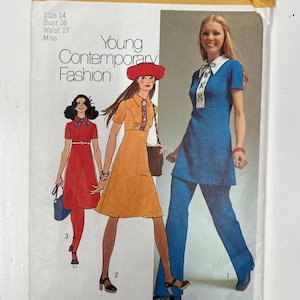 Vintage 1970s Simplicity Dress & Tunic and Pants Pattern 9502 Size 14 Bust 36&quot; Waist 27&quot;. Vintage 70s Dress Pattern. 1970s Sewing Pattern.