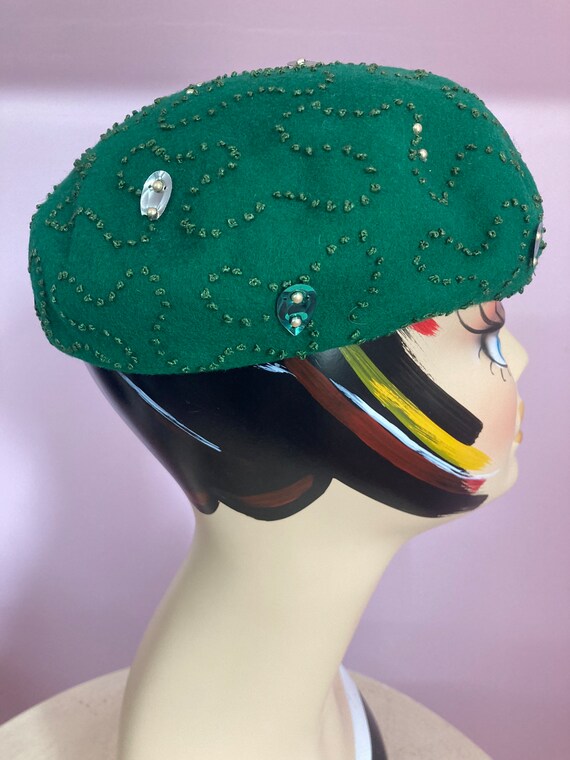 Vintage 60s Embroidered Green Beret Hat with Sequ… - image 4