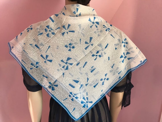 Vintage 40s Vera Scarf. Blue & White Silk Scarf. … - image 2