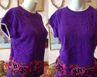Vintage 80s Purple Floral Sweater, Short Sleeve, Size Medium