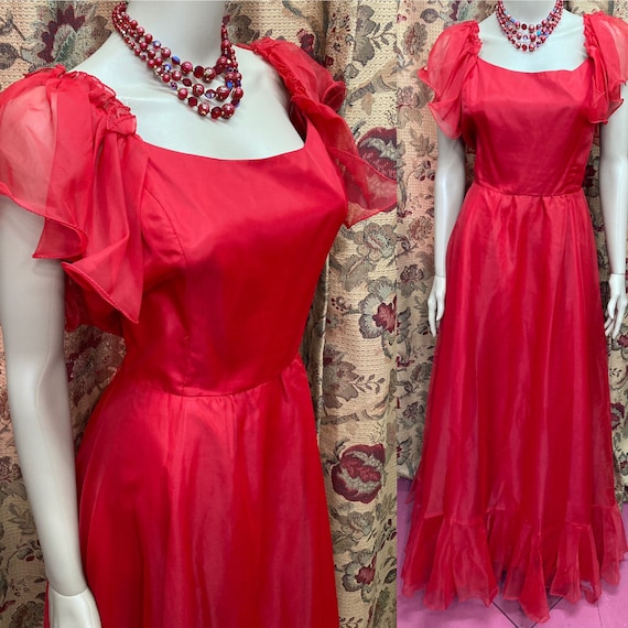 Vintage 70s Red Chiffon Dress.Long Red Dress.70s C