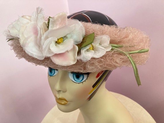 Vintage 40s Pink Halo Hat with flowers. Pink Hors… - image 4