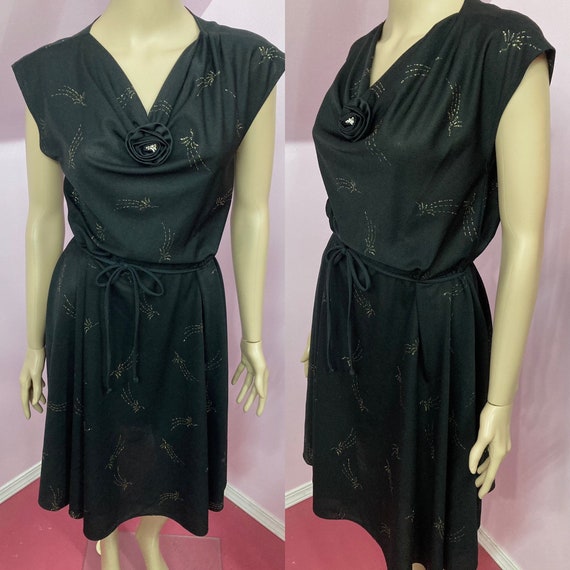 Vintage 70s Sheer Black Polyester Dress with Meta… - image 1