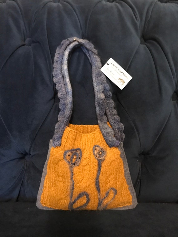 Hand Felted Purse with Flowers. Denim Purse with Felted Flowers