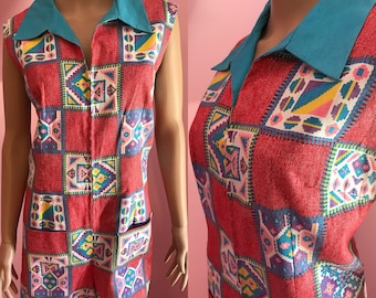 Vintage 60s Scooter Dress. 60s Romper. Zip Front Scooter Dress. Zip Front Romper.Patchwork Print Cotton Romper. Cotton Scooter Dress. L