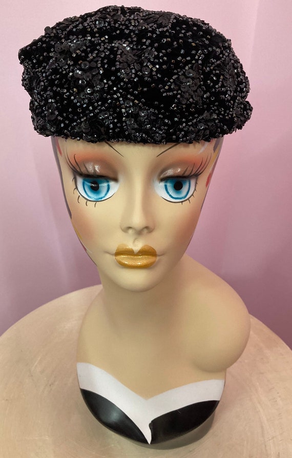 Vintage 60s Black Beaded Velvet Pillbox Hat by Bests Apparel 
