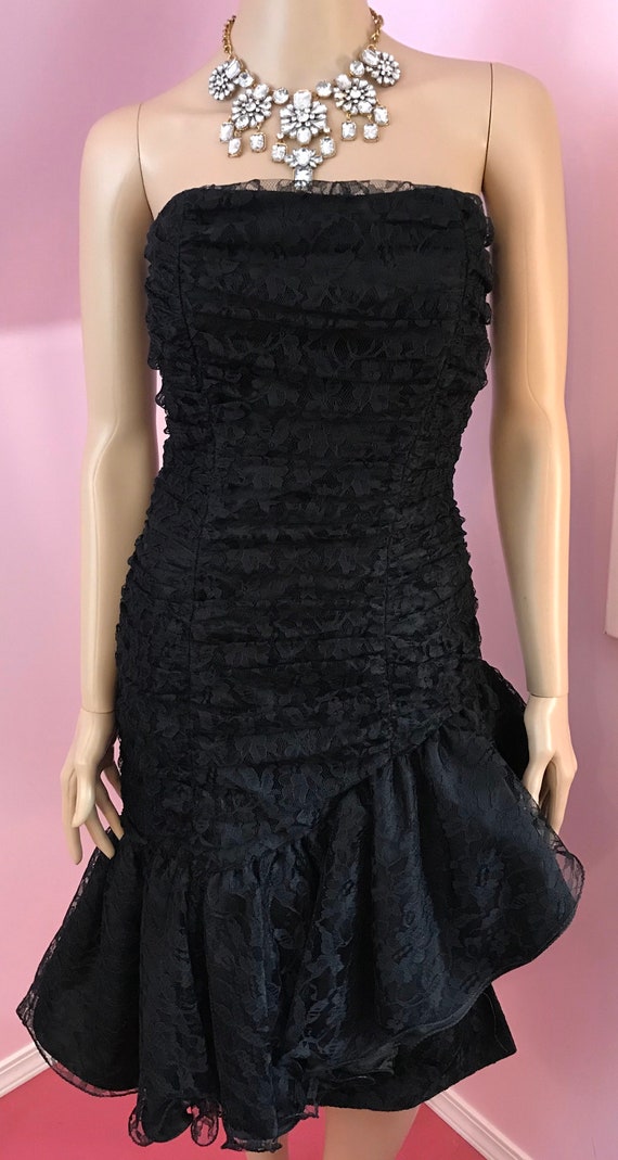 Vintage 80s Black Lace Dress.80s Strapless Dress.… - image 3