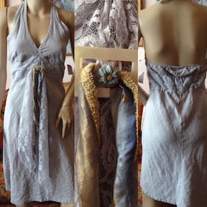 Boho Dress. Hemp Dress.Halter Dress. Hand Embellished Dress. Altered Dress.Festival Dress. Up-cycled Dress. One of a Kind.Medium