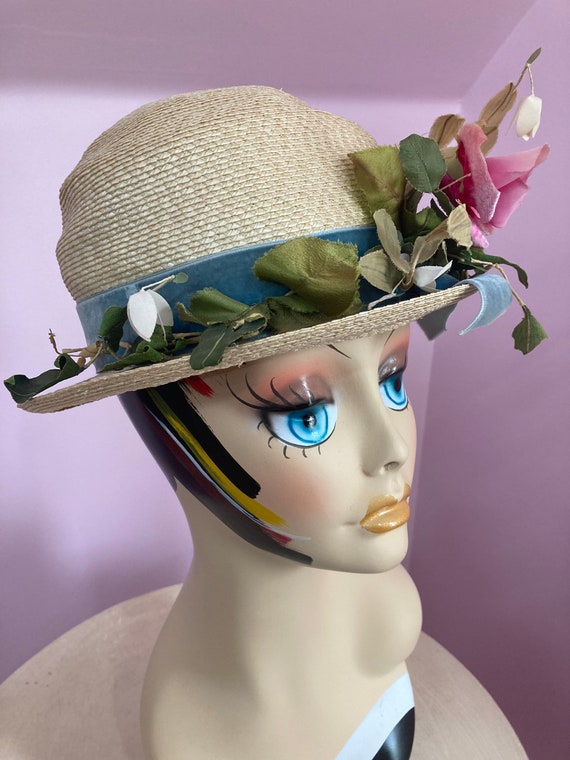 Vintage 1940s Dachettes Straw Hat with Pink Roses… - image 5