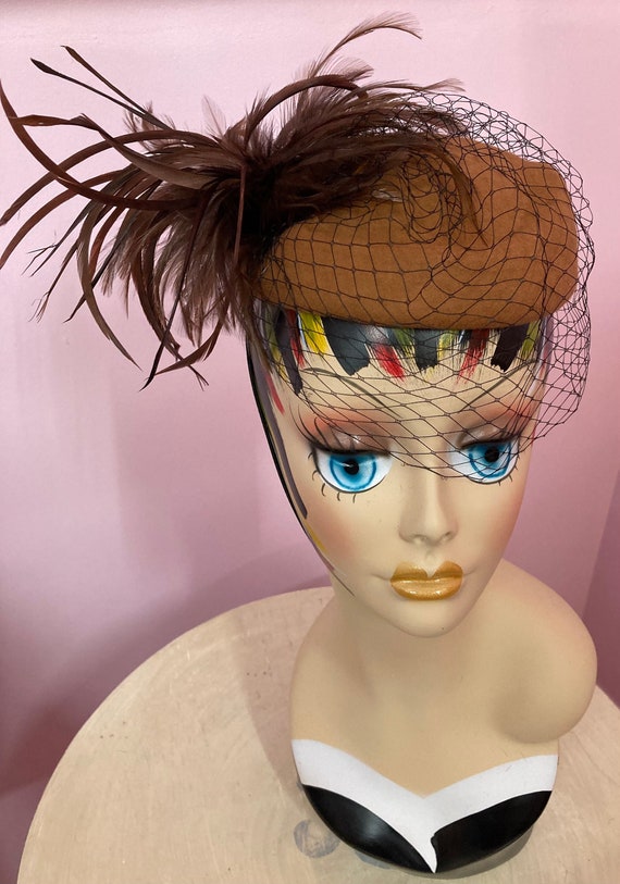 Vintage 90s Fascinator Hat. Brown Topper Hat with… - image 1