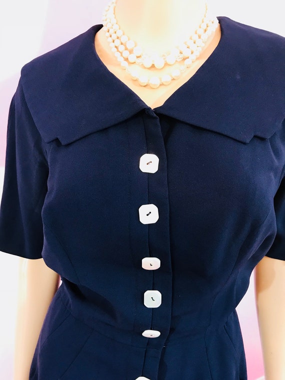 Vintage 1950s Navy Blue Rayon Dress by John Doyle Bishop & Anna Miller. Small to Medium View 3