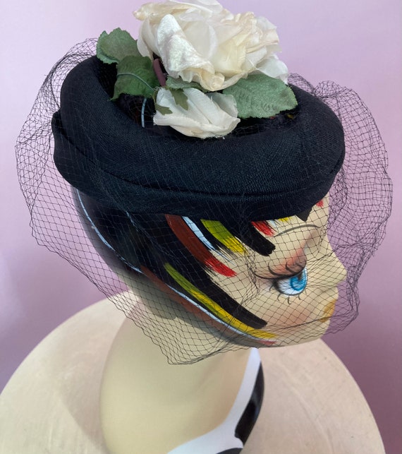 Vintage 50s Black Veiled Hat with Large Ivory Ros… - image 6