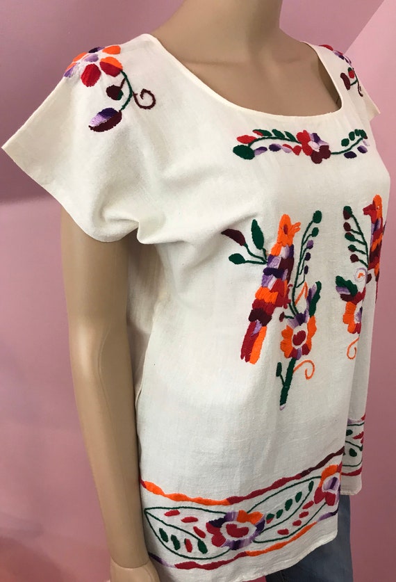 Vintage 70s Mexican Embroidered Blouse. Natural C… - image 5