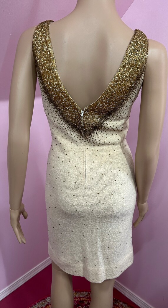 Vintage 50s/60s Ivory & Gold Beaded Sweater Dress… - image 9