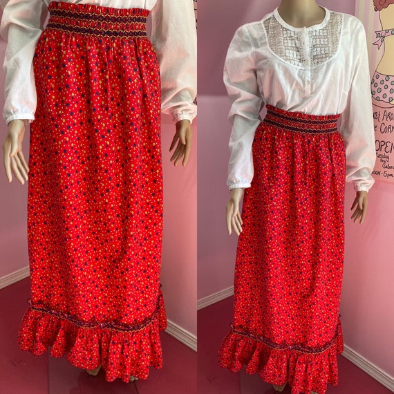 Vintage 70s Red Calico Print Long Skirt. Cottagec… - image 1