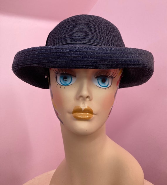Vintage 60s Navy Blue Straw Bucket Hat with Ribbo… - image 6