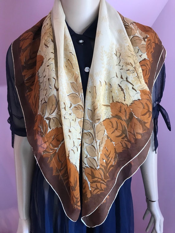 Vintage 60s Brown Fall Leaves Rayon Scarf. 60s Bro