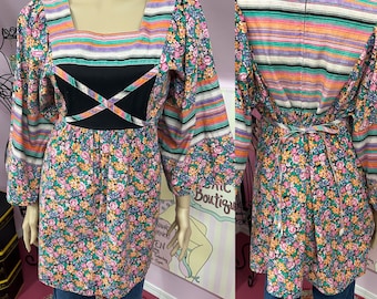 Vintage 70s Cotton Floral Smock Top