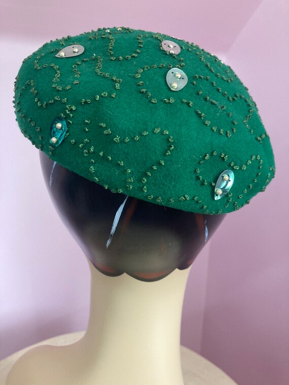 Vintage 60s Embroidered Green Beret Hat with Sequ… - image 6