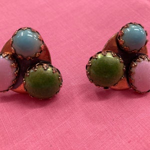 Vintage 60s Copper Clip-on Earrings with Pink, Green & Blue Cabochons. Modernist Earrings by Matisse
