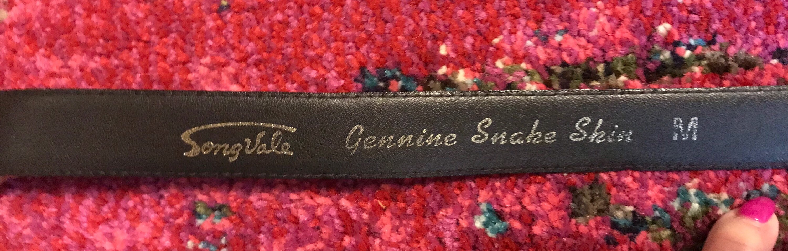 Vintage 70s Snakeskin Belt, Black & Gold Art Deco Buckle, 26 
