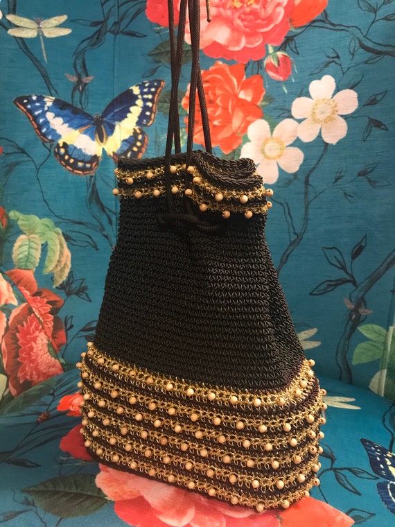 Vintage 40s Crochet Purse.Brown Crochet Purse.Meta