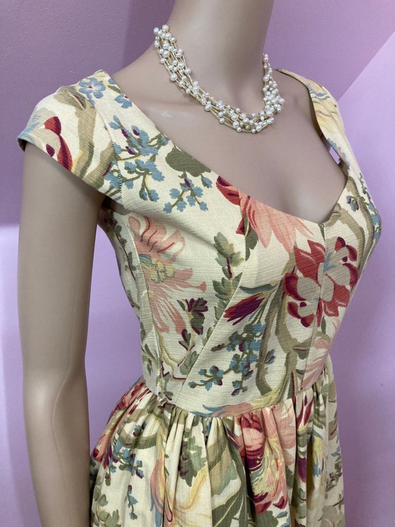 Vintage 80s Barkcloth Floral Dress. Cottage Core … - image 5