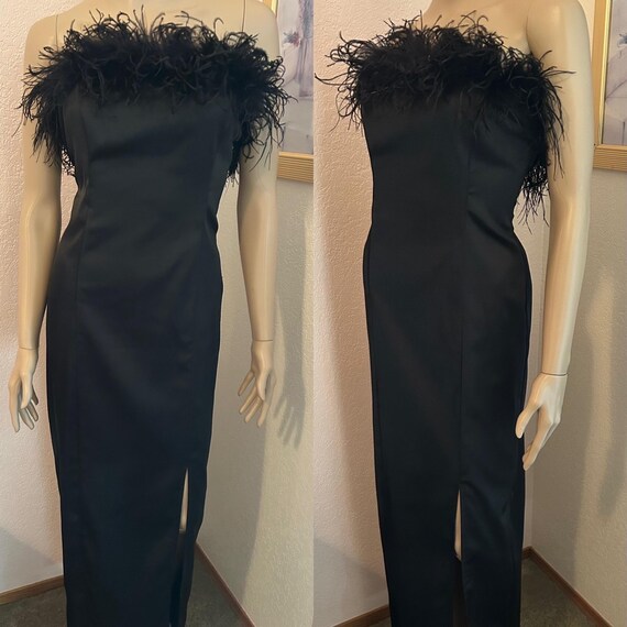 Vintage 90s Black Marabou & Satin Gown. Long Black Strapless Evening Dress with Marabou Trim.