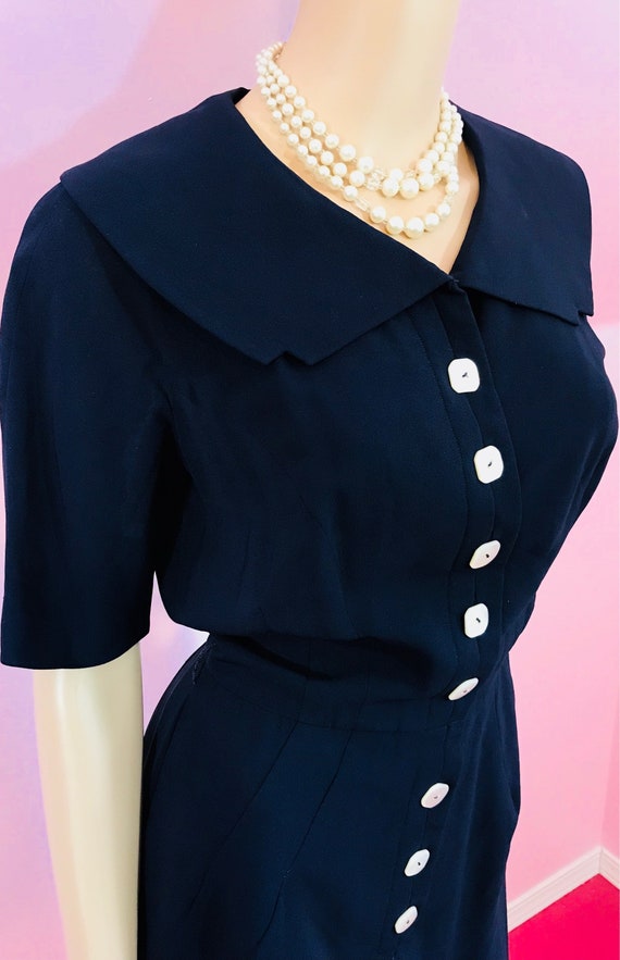 Vintage 1950s Navy Blue Rayon Dress by John Doyle Bishop & Anna Miller. Small to Medium View 6