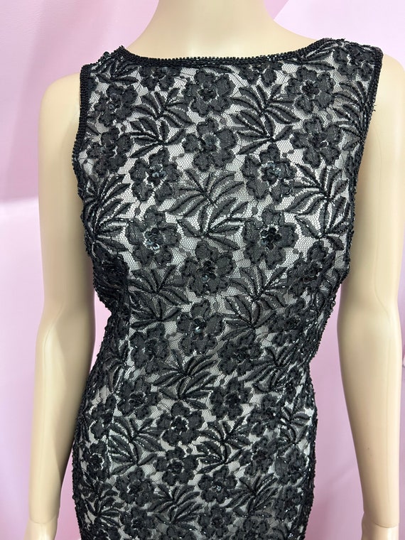 Vintage 80s Does 1960s Black Lace Beaded Sleevele… - image 2