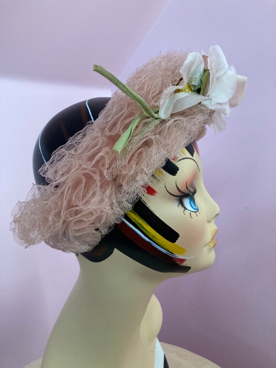 Vintage 40s Pink Halo Hat with flowers. Pink Hors… - image 8