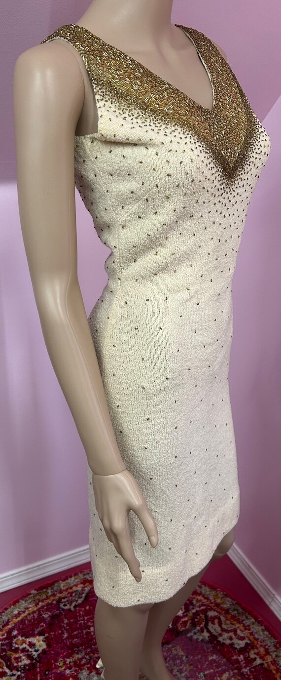 Vintage 50s/60s Ivory & Gold Beaded Sweater Dress… - image 7