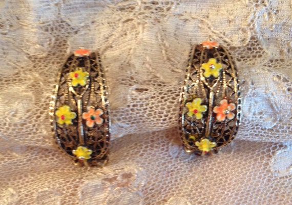 Vintage 1960s Mod Orange and Yellow Flowers Brooc… - image 3