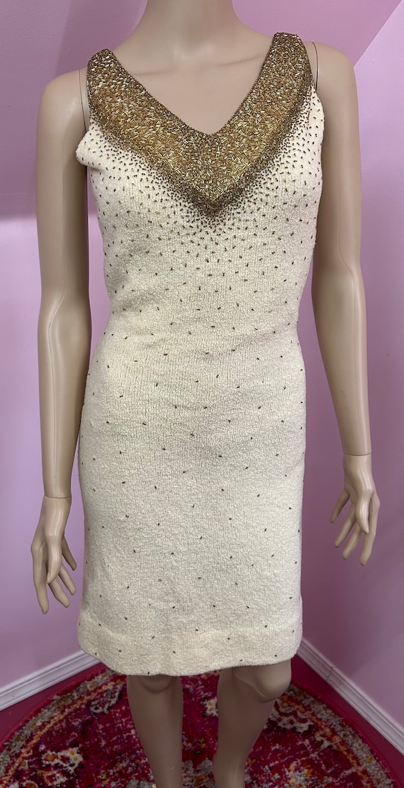 Vintage 50s/60s Ivory & Gold Beaded Sweater Dress… - image 3