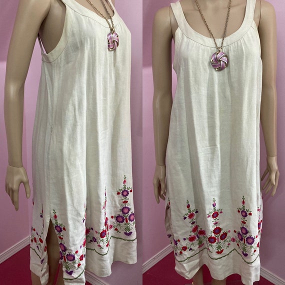 Vintage 70s Ivory Linen Smock Dress with Embroide… - image 1