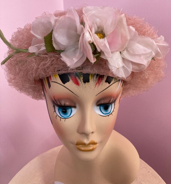 Vintage 40s Pink Halo Hat with flowers. Pink Hors… - image 5
