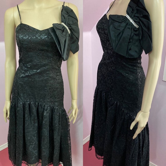 Vintage 80s Black Lace Party Dress by Flirtations… - image 1