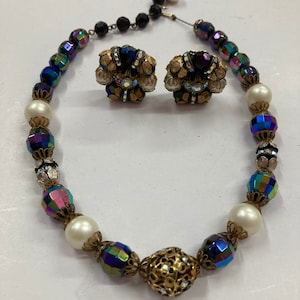 Vintage 50s Crystal & Pearl Necklace and Earrings Set by Hobe