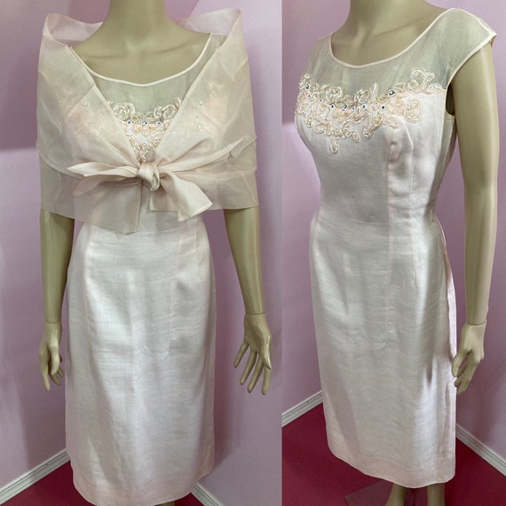 Vintage 50s Pink Cotton Linen Sleeveless Dress wi… - image 1
