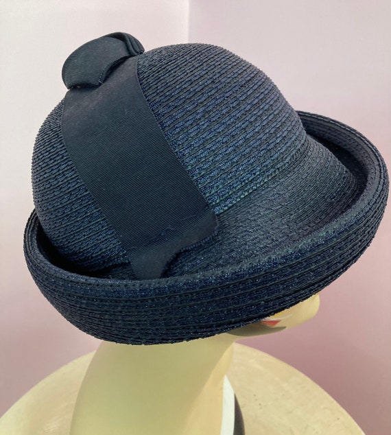 Vintage 60s Navy Blue Straw Bucket Hat with Ribbo… - image 8