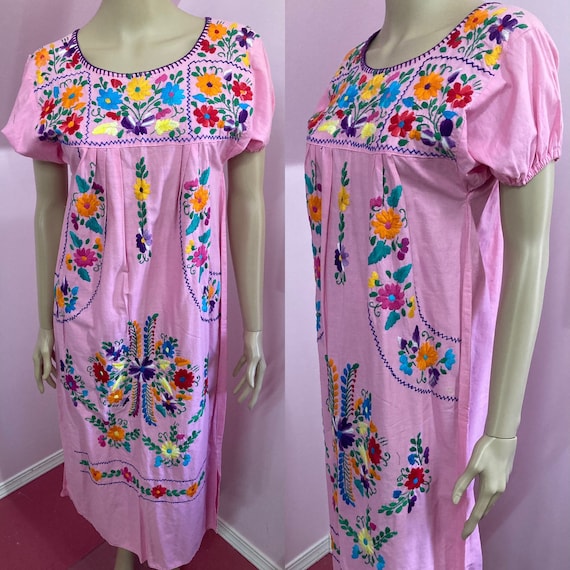 Vintage 70s Pink Cotton Embroidered Mexican Dress.