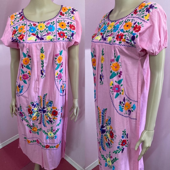 Vintage 70s Pink Cotton Embroidered Mexican Dress. - image 1