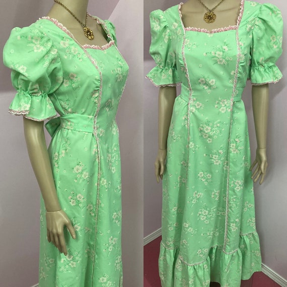 Vintage 70s Green & Pink Floral Maxi Dress. Cotta… - image 1